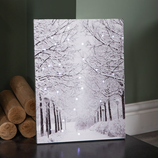 40 x 30cm Battery Operated Light up Fibre Optic Winter Avenue Christmas Wall Canvas