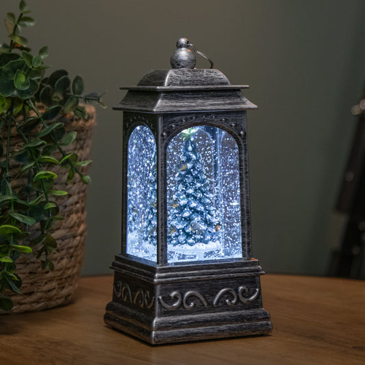 21cm Dual Powered Light up Silver Water Spinner with Robins on Christmas Tree & White LEDs