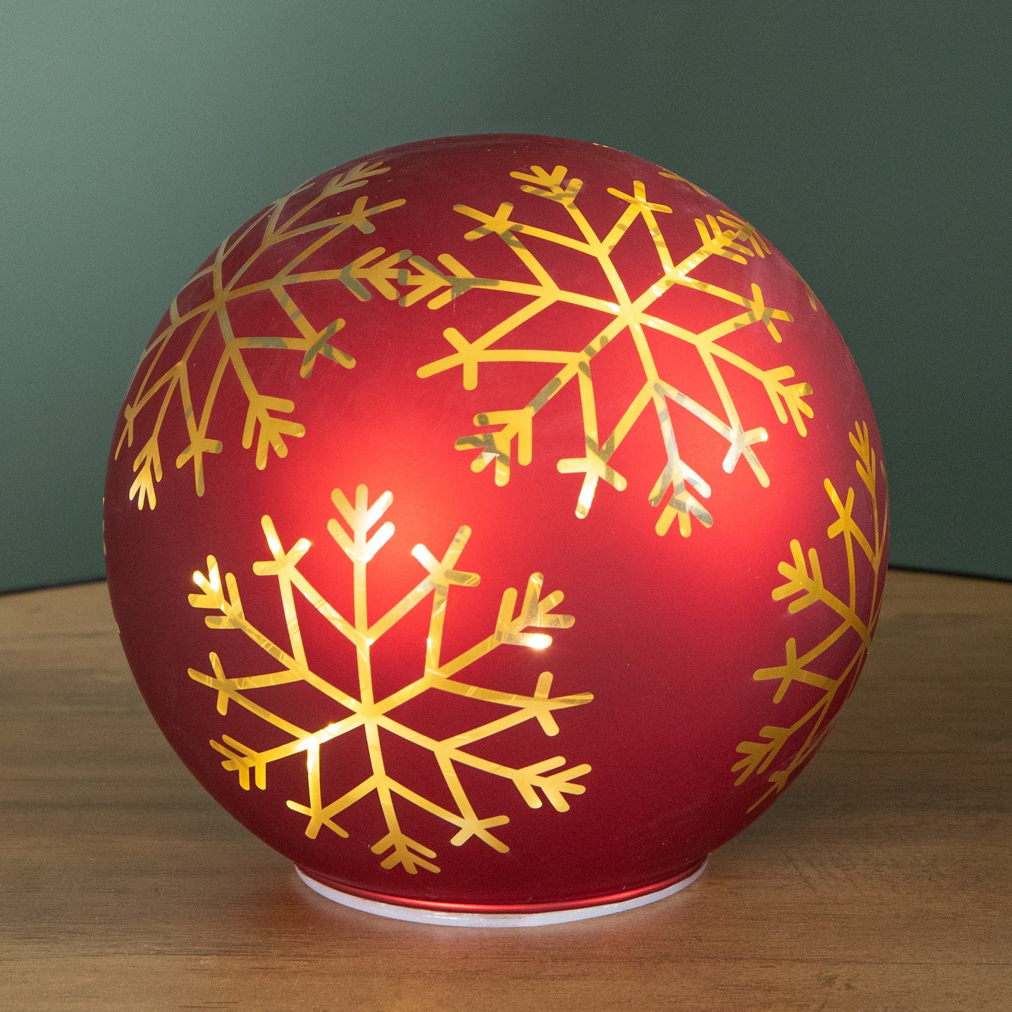 15cm Battery Operated Light up Snowflake Glass Ball in Red with Warm White LEDs