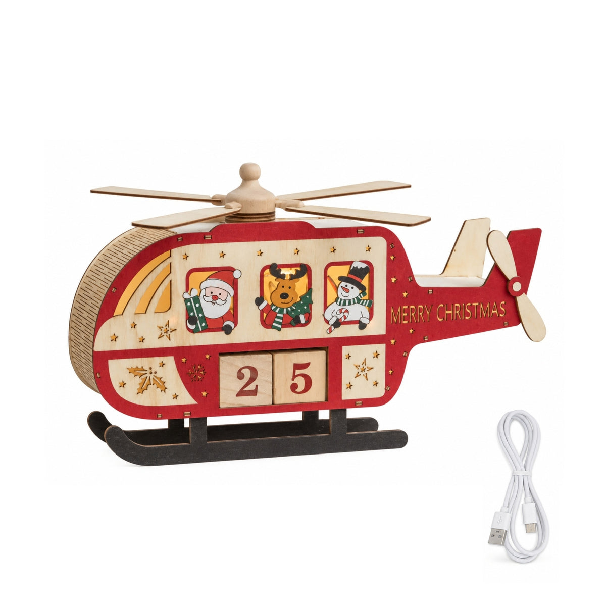 33cm Light Up Wooden Christmas Countdown Helicopter with Music & LEDs