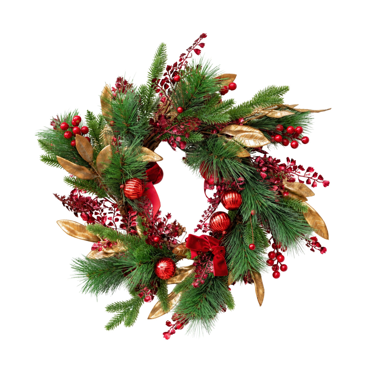 38cm Ruby Velvet Christmas Wreath with Red Baubles, Berries & Bows