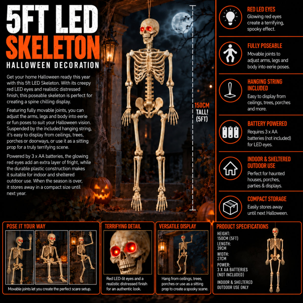 Pack of 2 5ft (150cm) Posable Full Body Halloween LED Skeleton Decoration with Movable Joints and LED Eyes
