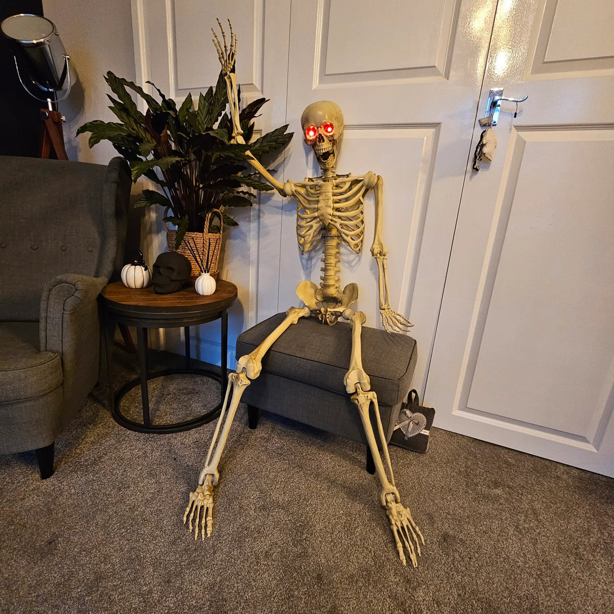 Pack of 2 5ft (150cm) Posable Full Body Halloween LED Skeleton Decoration with Movable Joints and LED Eyes