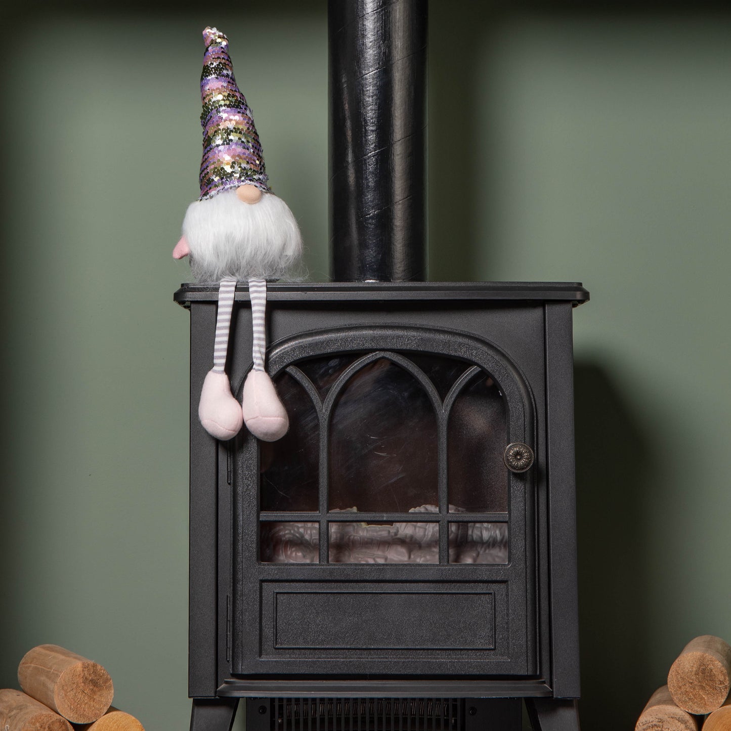 49cm Festive Christmas Sitting Gonk with Dangly Legs & Sequin Hat in Pink & Grey