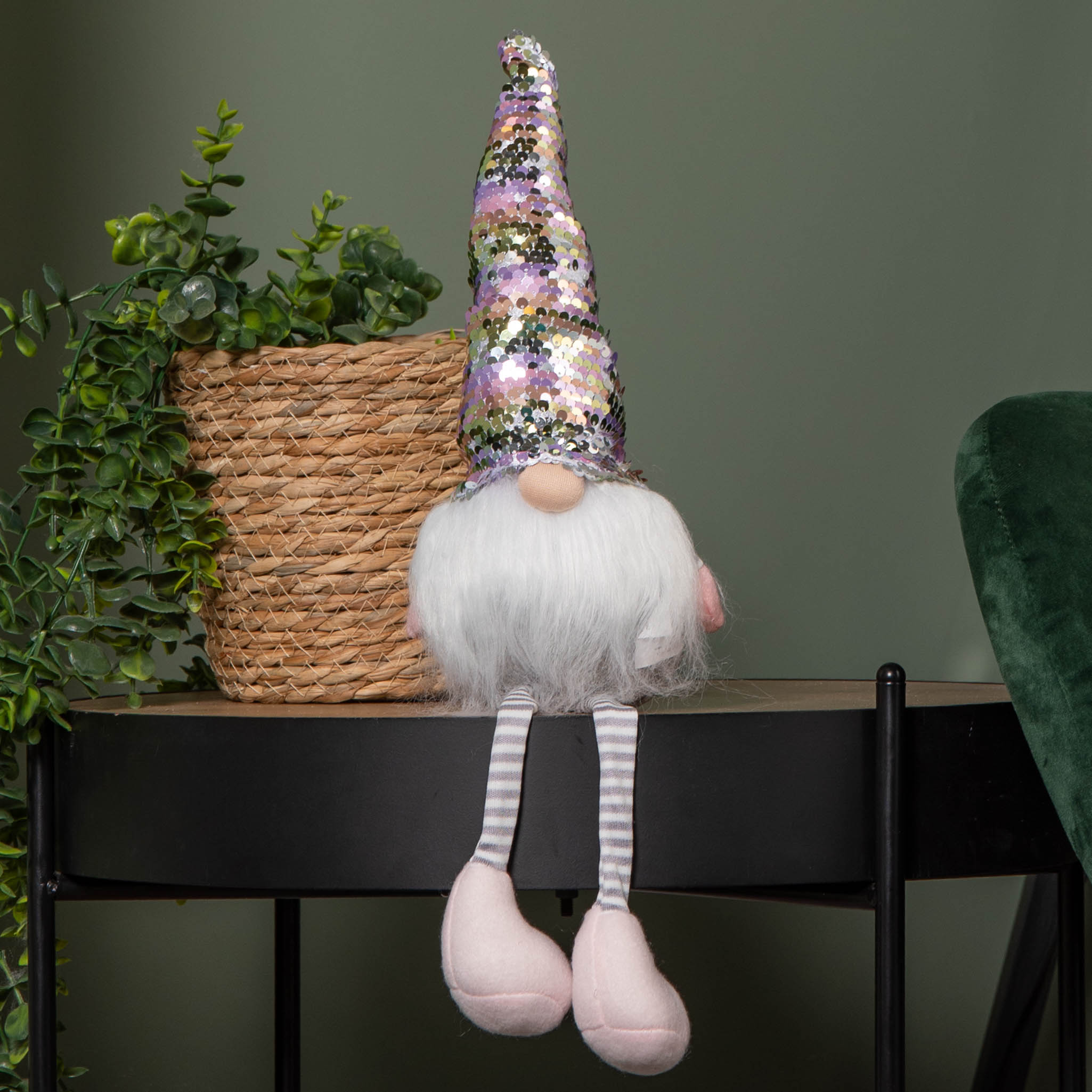 49cm Festive Christmas Sitting Gonk with Dangly Legs & Sequin Hat in Pink & Grey