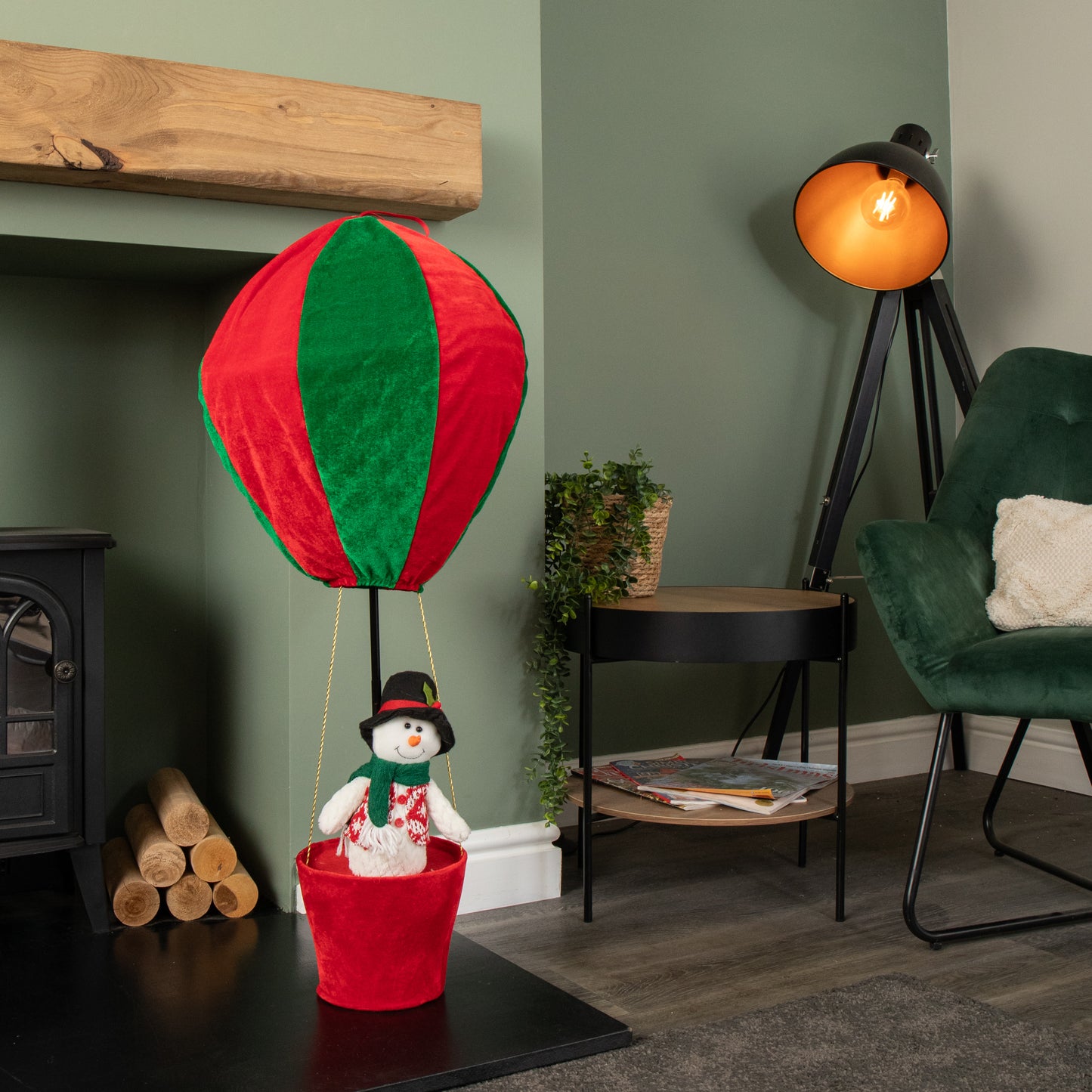 1m Tall Plush Snowman Christmas Hot Air Balloon with Extension Pole Hanging or Table Decoration
