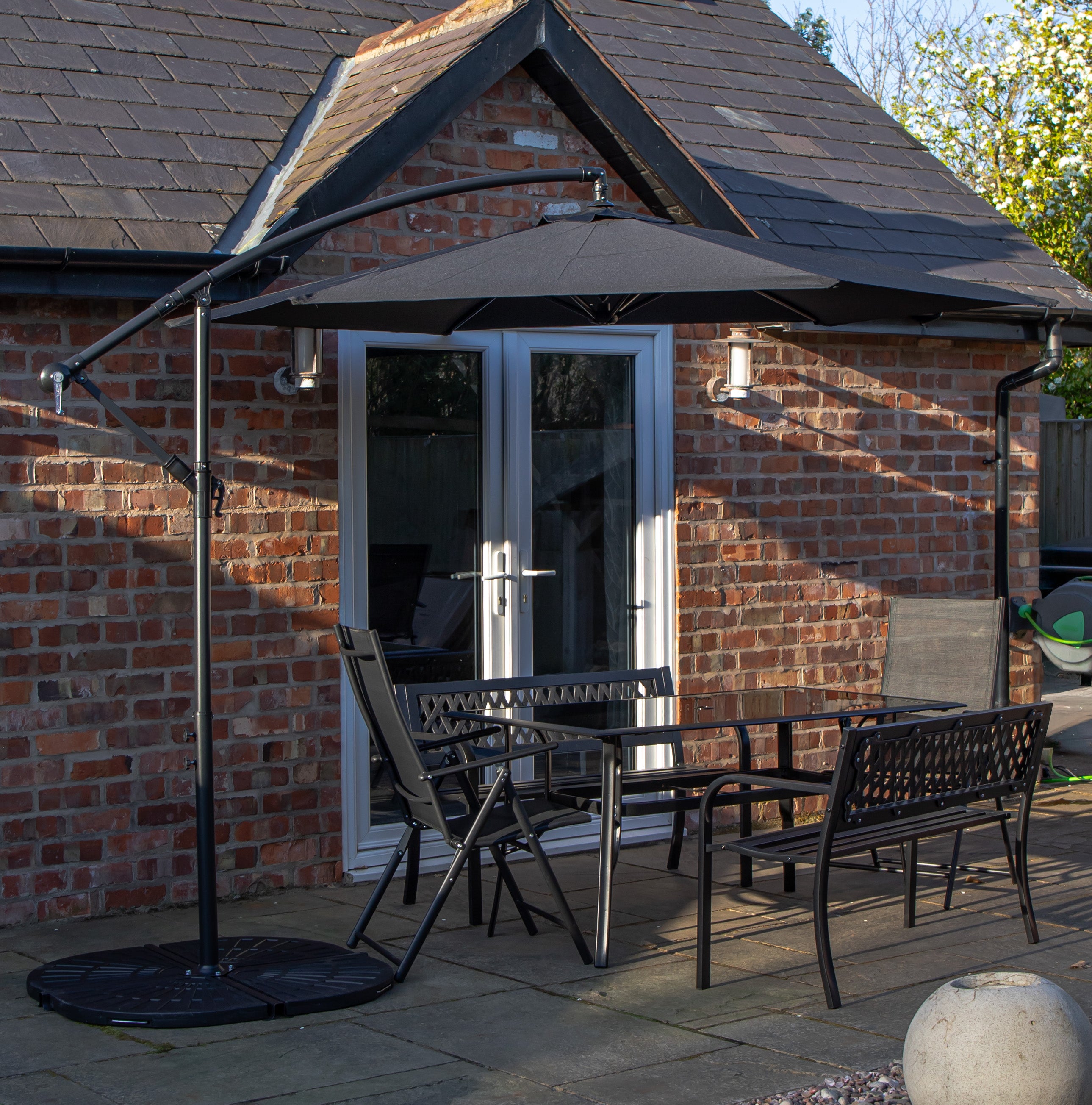 Outdoor 6 Person Rectangular Glass Top Garden Dining Table Benches & Chairs With Black Banana Parasol and Base