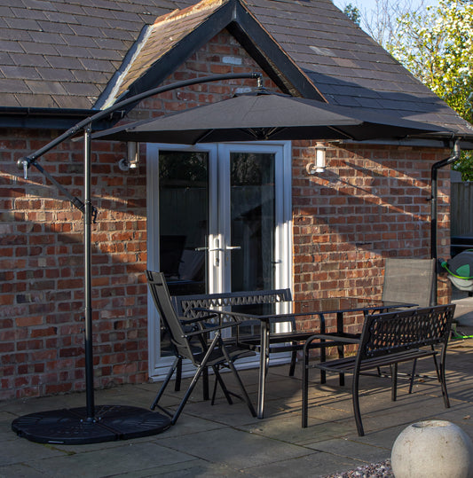 Outdoor 6 Person Rectangular Glass Top Garden Dining Table Benches & Chairs With Black Banana Parasol and Base