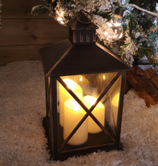 40cm Battery Operated Triple Lantern with Timer in Bronze