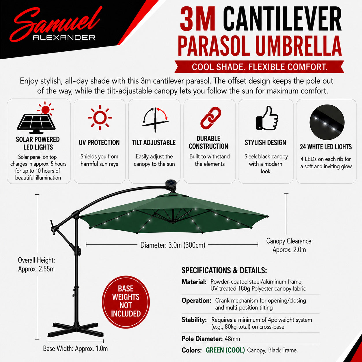 Samuel Alexander 3m Solar Powered Cantilever Lit Banana Garden Parasol with Crank Handle & White LED Lights in Green