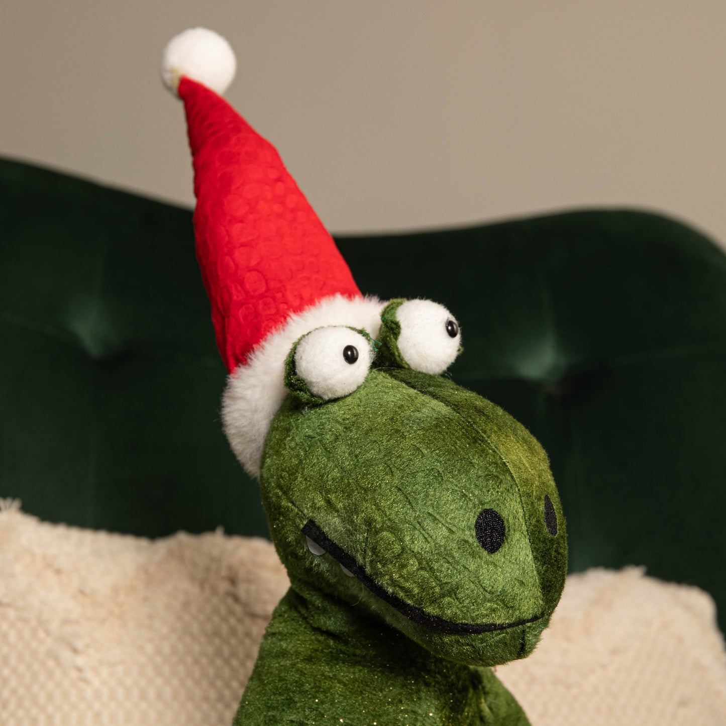48cm Green Sitting Christmas Dinosaur with Santa Hat