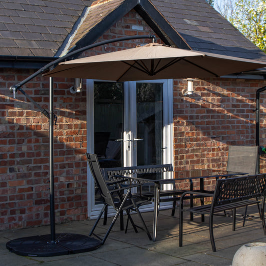 Outdoor 6 Person Rectangular Glass Top Garden Dining Table Benches & Chairs With Beige Banana Parasol and Base