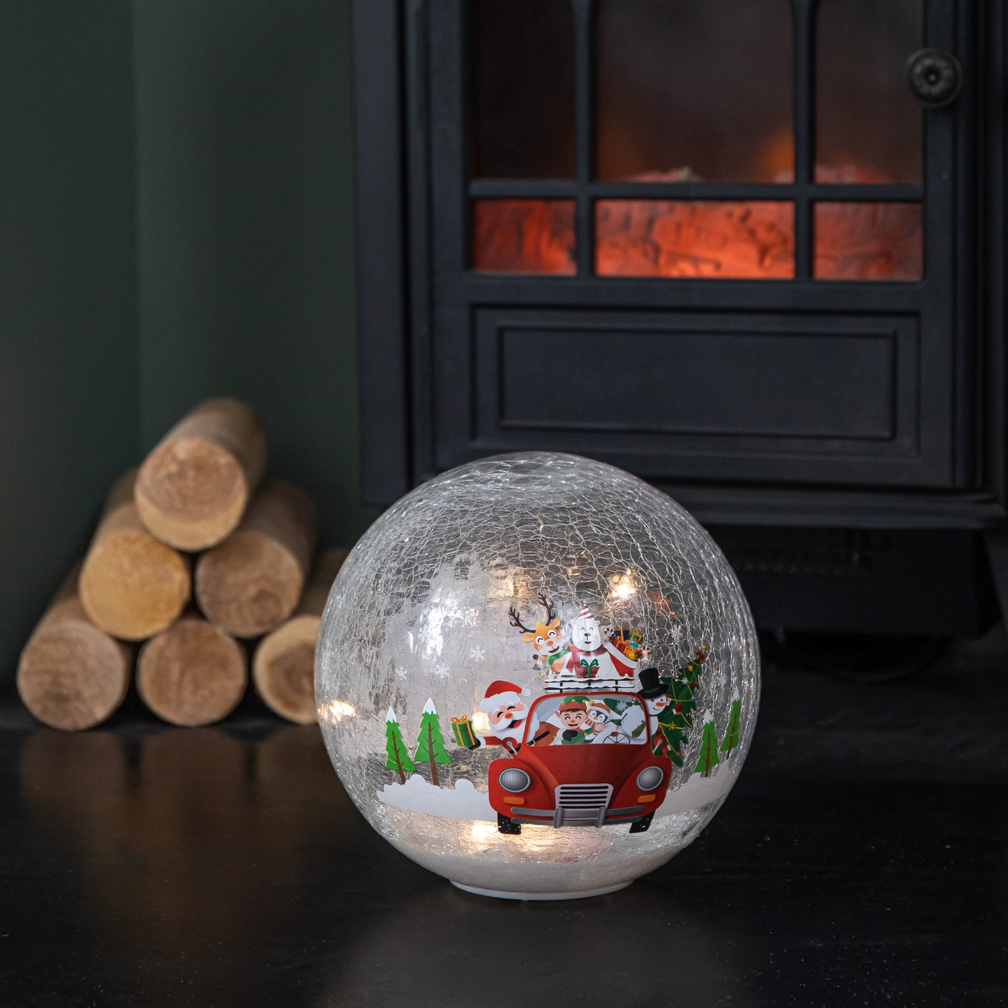 20cm Battery Operated Light up Santa and Friends Christmas Crackle Ball with LEDs