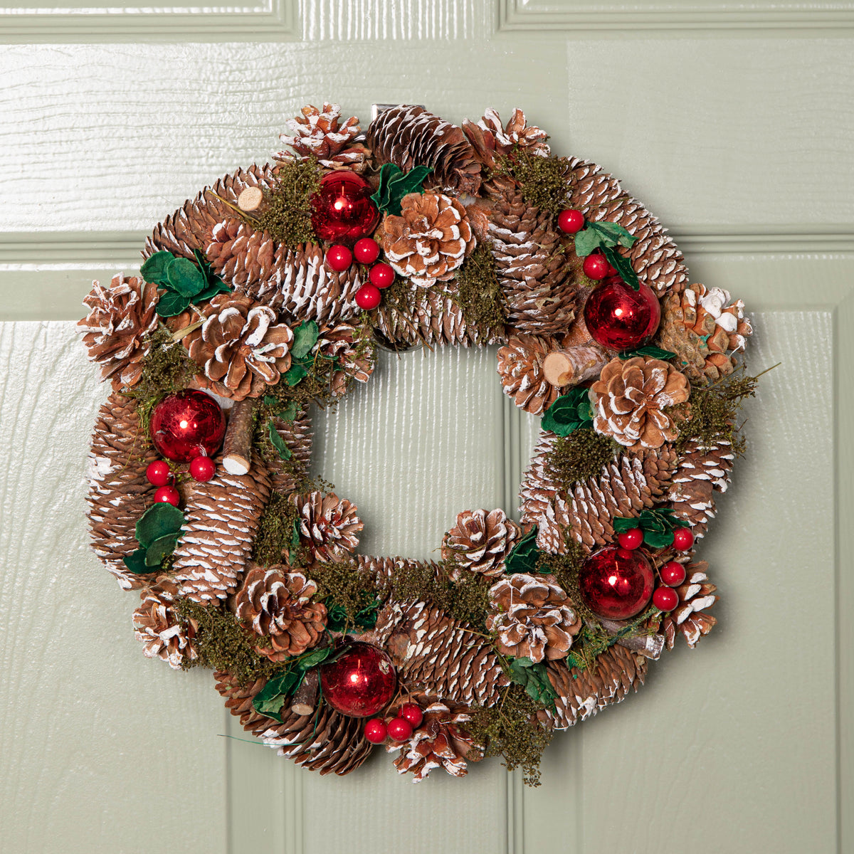 36cm Hanging Christmas YuleFest Wreath with Red Baubles & Snow Tipped Pine Cones 