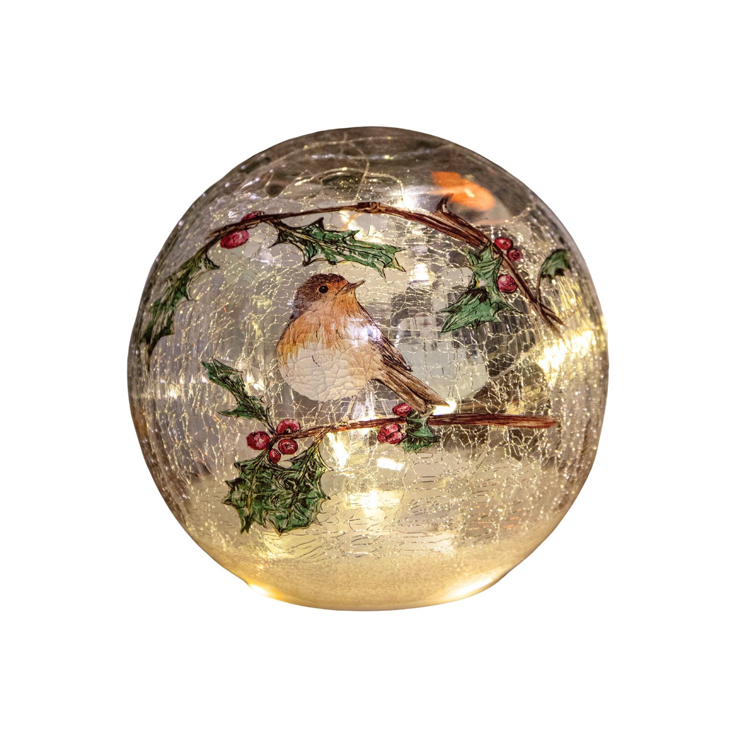 15cm Battery Operated Light up Robin Crackle Glass Ball with 12 Warm White LEDs