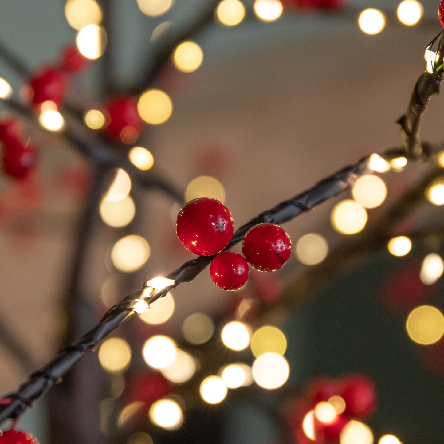 6ft (1.8m) Light up Black Christmas Twig Tree with Red Berries & Warm White LEDs