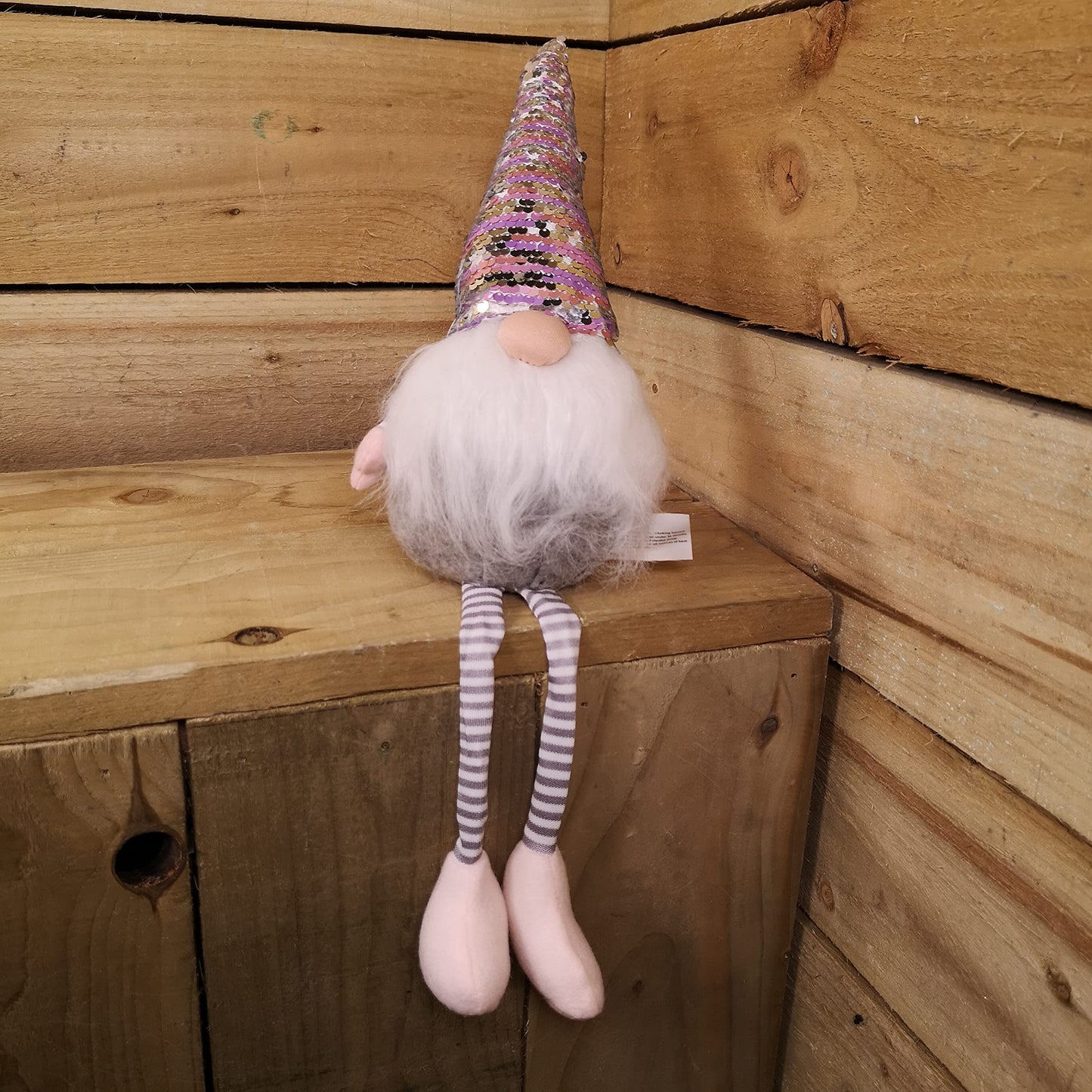 49cm Festive Christmas Sitting Gonk with Dangly Legs & Sequin Hat in Pink & Grey