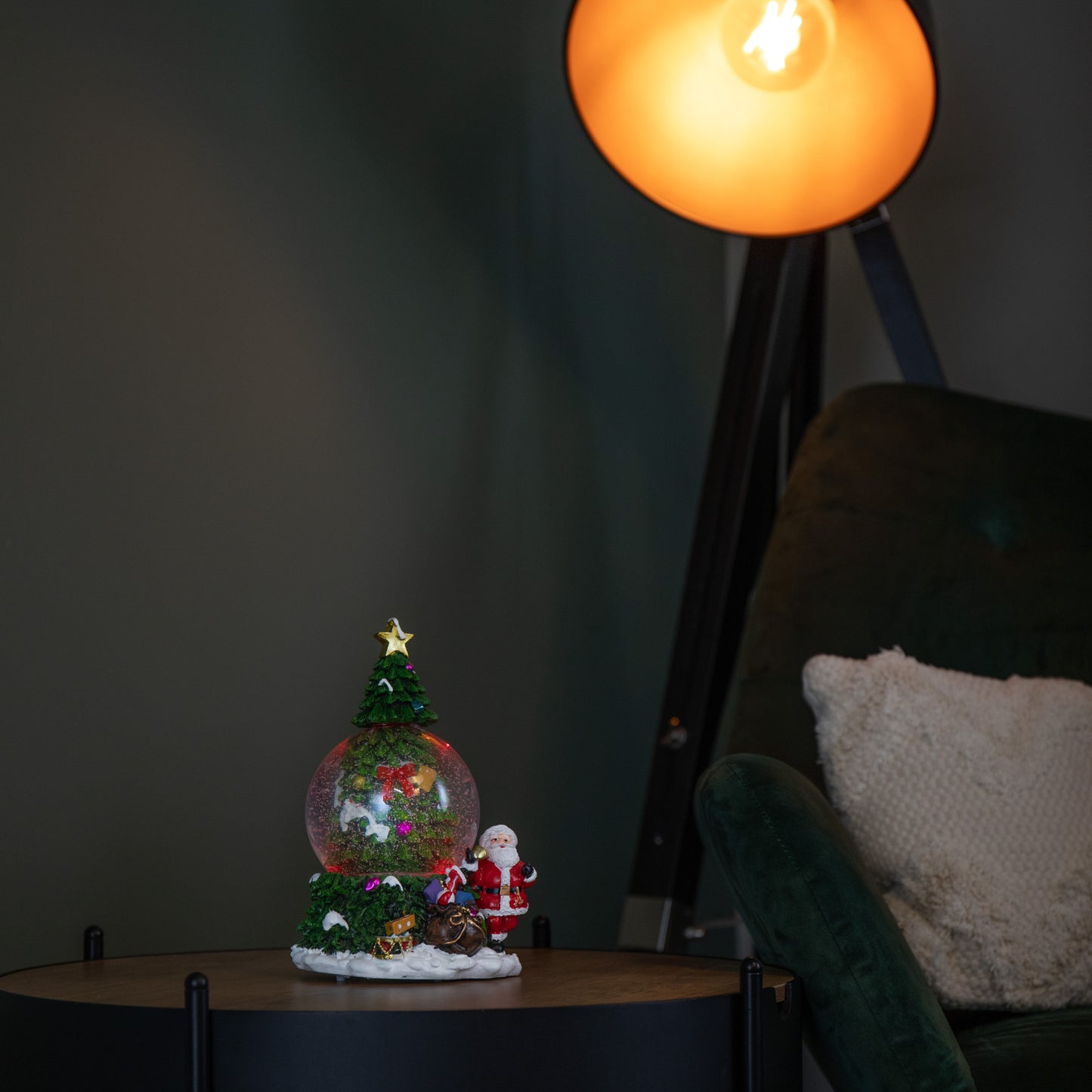 10cm Battery Powered Musical Tree Santa Spin Snowsphere with Colour Changing LEDs	