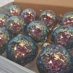 Box of 12 8cm Petrol Iridescent Sequin Encrusted Shatterproof Christmas Bauble Decoration in PDQ