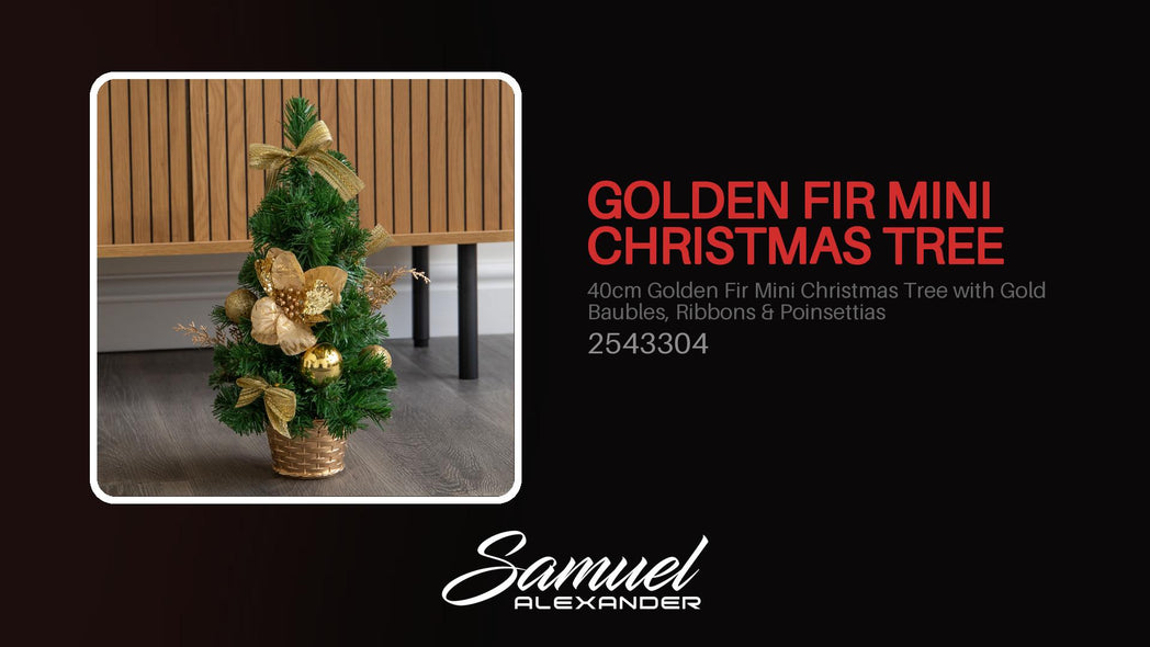 40cm Golden Fir Mini Christmas Tree with Gold Baubles, Ribbons & Poinsettias