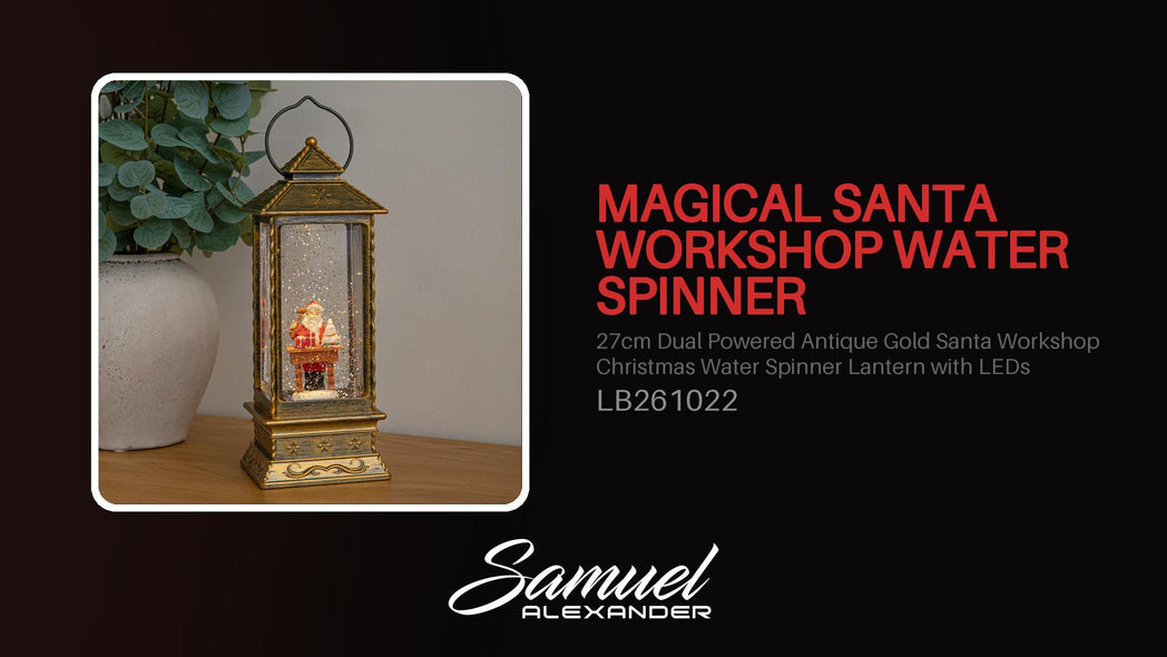 27cm Dual Powered Antique Gold Santa Workshop Christmas Water Spinner Lantern with LEDs