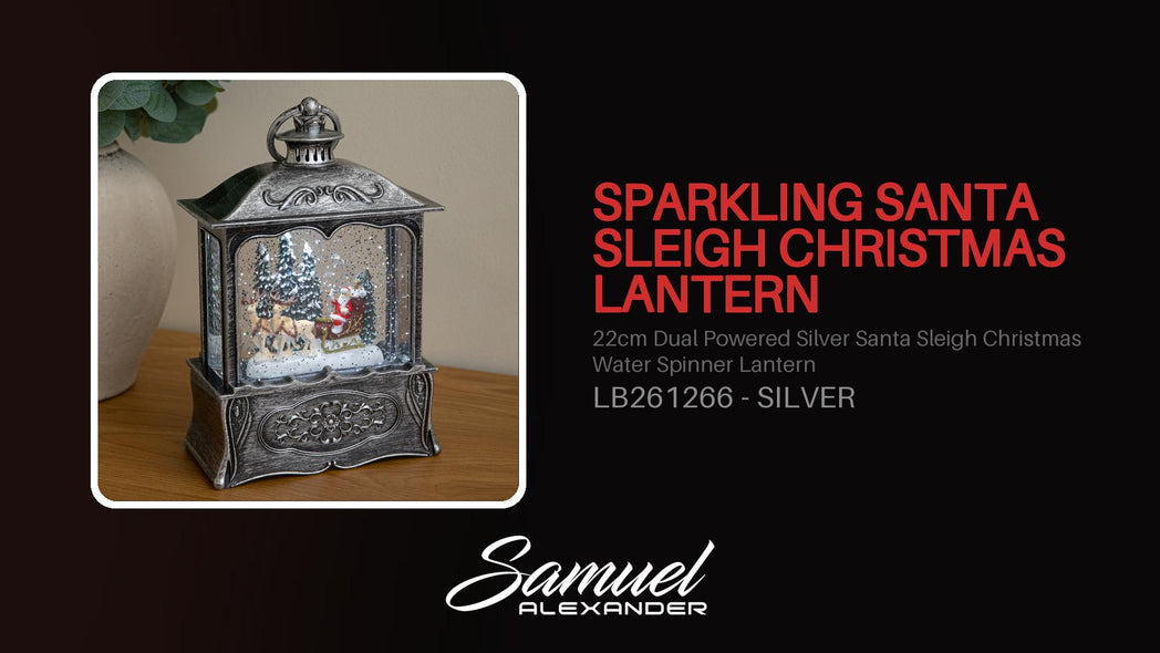 22cm Dual Powered Silver Santa Sleigh Christmas Water Spinner Lantern