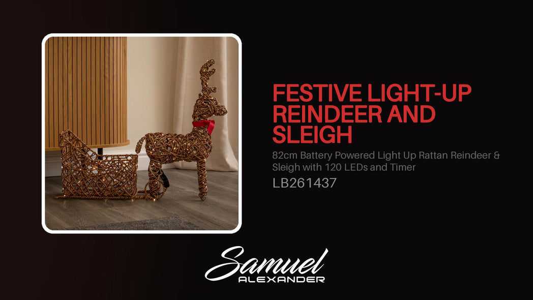 82cm Battery Powered Light Up Rattan Reindeer & Sleigh with 120 LEDs and Timer