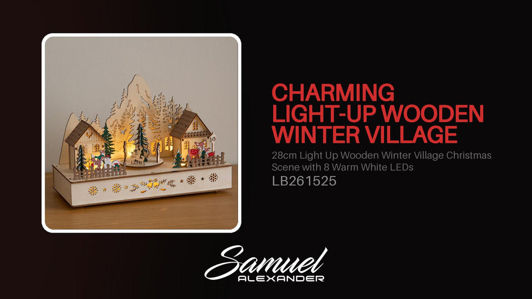 28cm Light Up Wooden Winter Village Christmas Scene with 8 Warm White LEDs