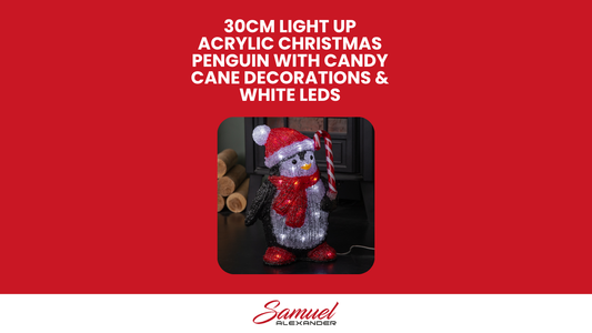 30cm LED Soft Acrylic Penguin with Candy Cane Christmas Decoration
