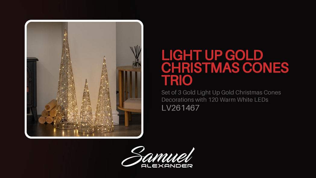 Set of 3 Gold Light Up Gold Christmas Cones Decorations with 120 Warm White LEDs