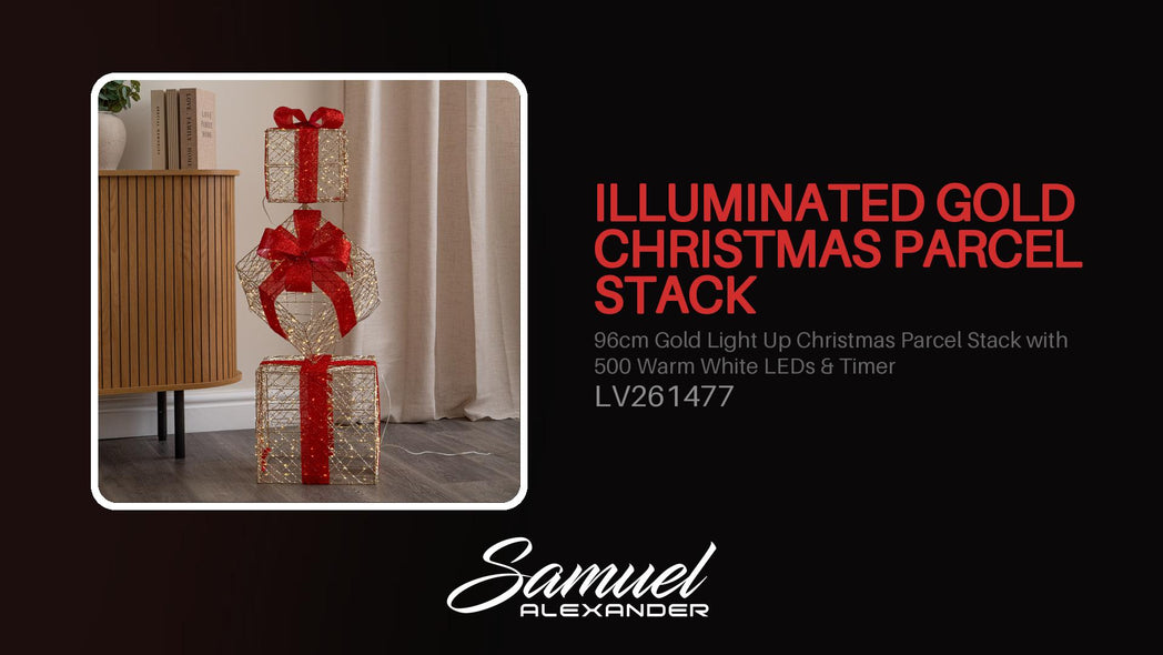 96cm Gold Light Up Christmas Parcel Stack with 500 Warm White LEDs & Timer