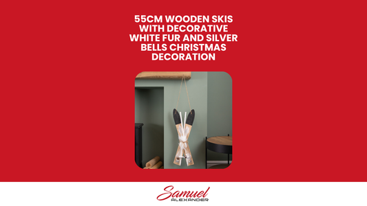 55cm Wooden Skis with Decorative White Fur and Silver Bells Christmas Decoration