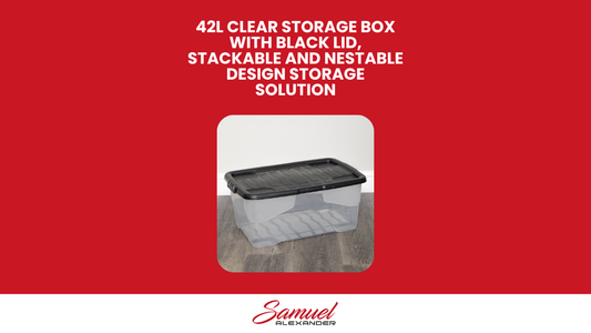 42L Clear Storage Box with Black Lid, Stackable and Nestable Design Storage Solution