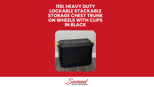 110L Heavy Duty Trunk on Wheels Sturdy, Lockable, Stackable and Nestable Design Storage Chest with Clips in Black