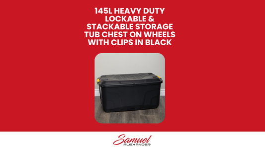 145L Heavy Duty Trunk on Wheels Sturdy, Lockable, Stackable and Nestable Design Storage Chest with Clips in Black
