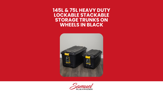 1 x 145L AND 1 x 75L Heavy Duty Trunks on Wheels Sturdy, Lockable, Stackable and Nestable Design Storage Chest with Clips in Black