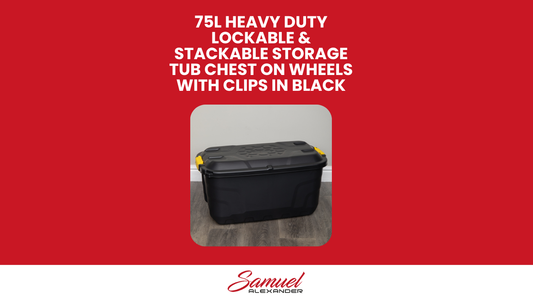 3 x 75L Heavy Duty Trunks on Wheels Sturdy, Lockable, Stackable and Nestable Design Storage Chest with Clips in Black
