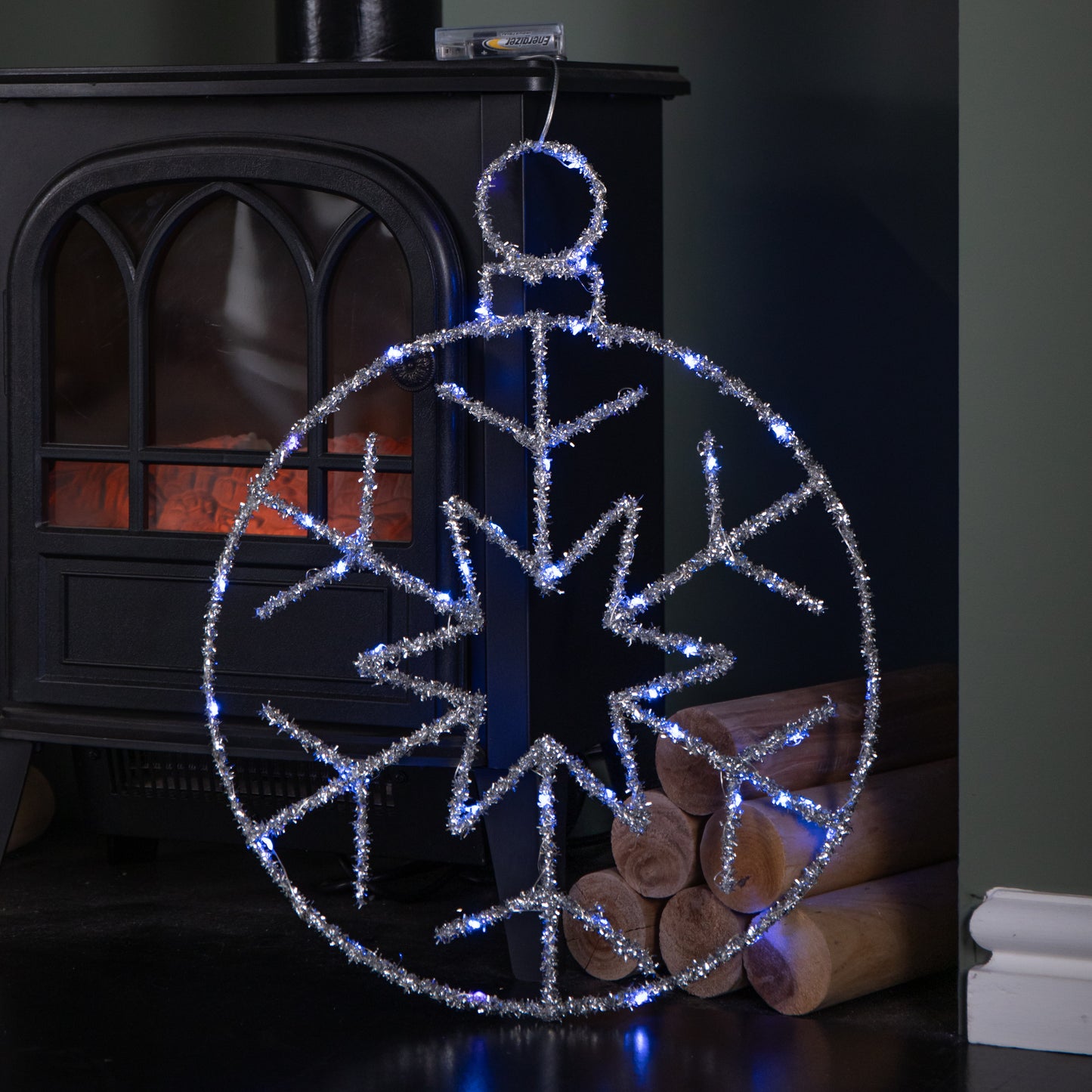 49cm Battery Powered Light up Silver Christmas Snowflake Ball with Blue Twinkling LEDs