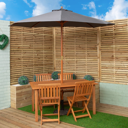Outdoor 4 Person Rectangular Wooden Garden Dining Table Chairs with Grey Parasol and Base Set