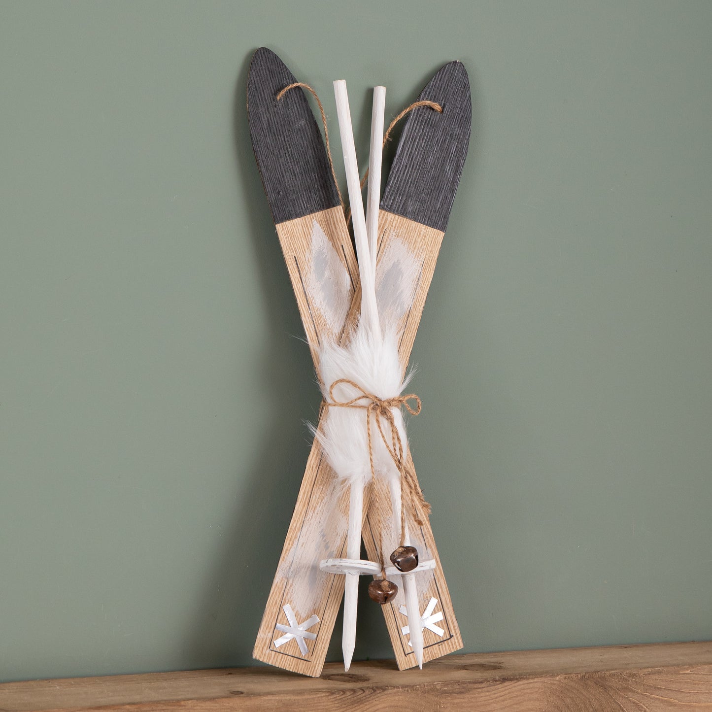 55cm Wooden Decorative Skis with White Fur & Bells Christmas Decoration