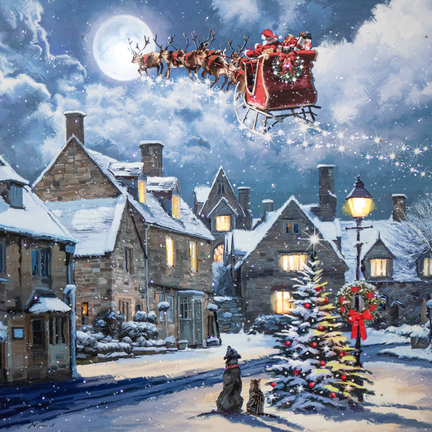 40 x 40cm Battery Operated Light up Christmas Santa & Dog Scene Wall Art with LEDs