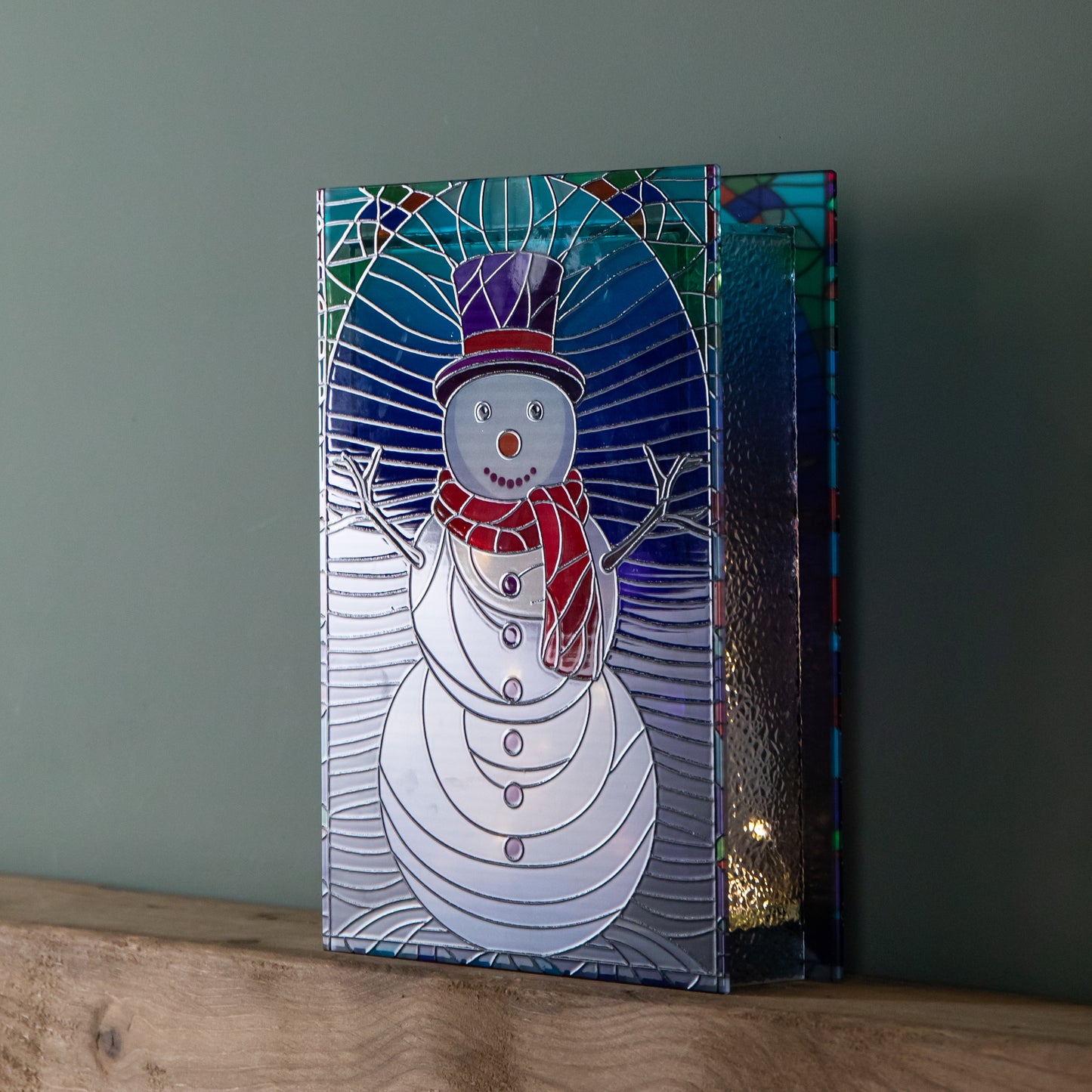 28cm Battery Operated Light up Double Sided Stained Glass Snowman Decoration with LEDs