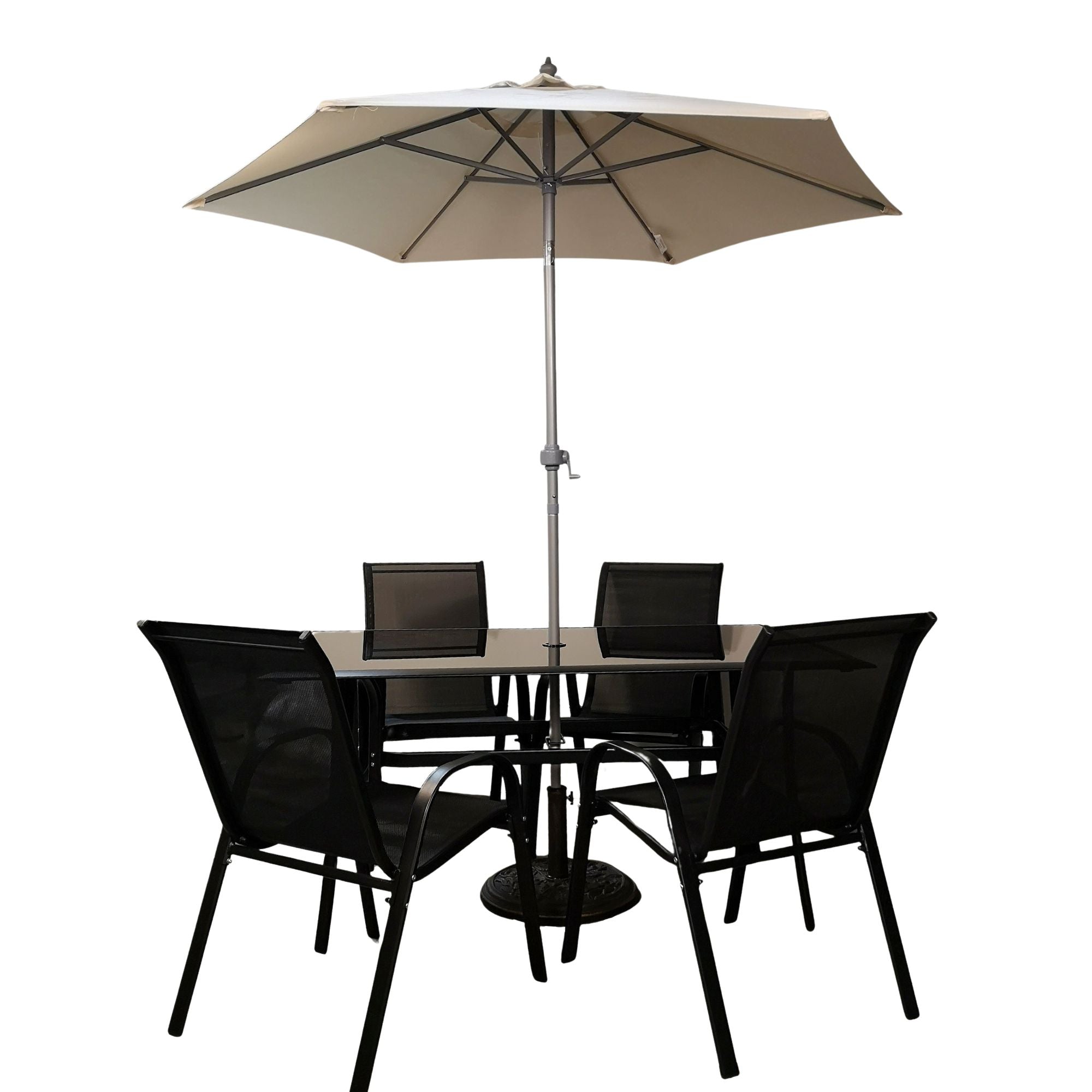 Outdoor 4 Person Rectangular Glass Top Garden Patio Dining Table Chairs With Cream Parasol and Base Set