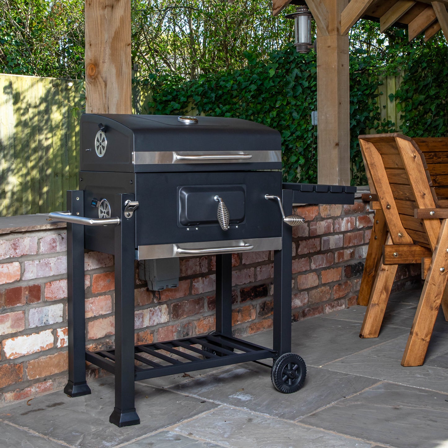 Samuel Alexander 115x46x106cm Black Steel Portable Rectangular BBQ Trolley with Thermometer Gauge and Cover