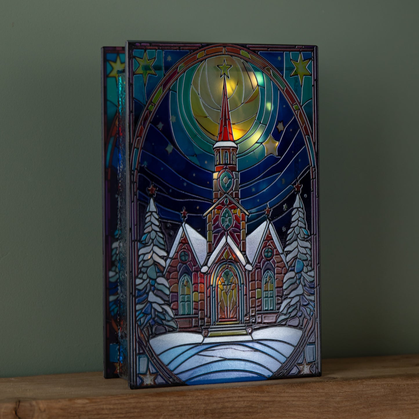 21cm Battery Operated Light up Stained Glass Christmas Decoration with Church Scene & Warm White LEDs