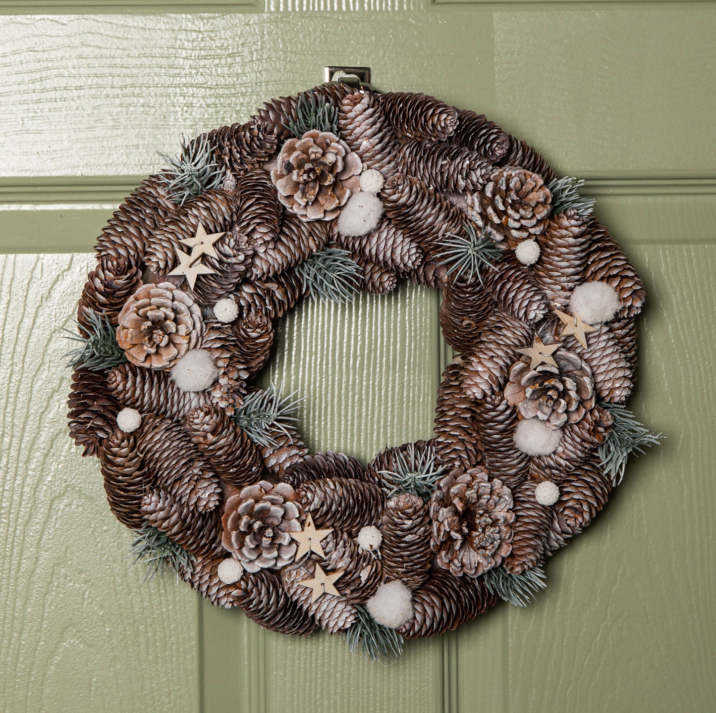 36cm Frosted Hanging Christmas Wreath with Pine Cones & Wooden Stars