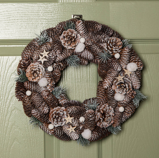 36cm Frosted Hanging Christmas Wreath with Pine Cones & Wooden Stars