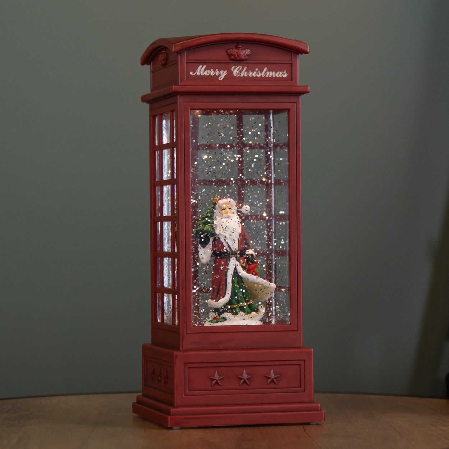 25cm Battery Operated Light up Christmas Phone Box Water Spinner with Santa Scene & LEDs