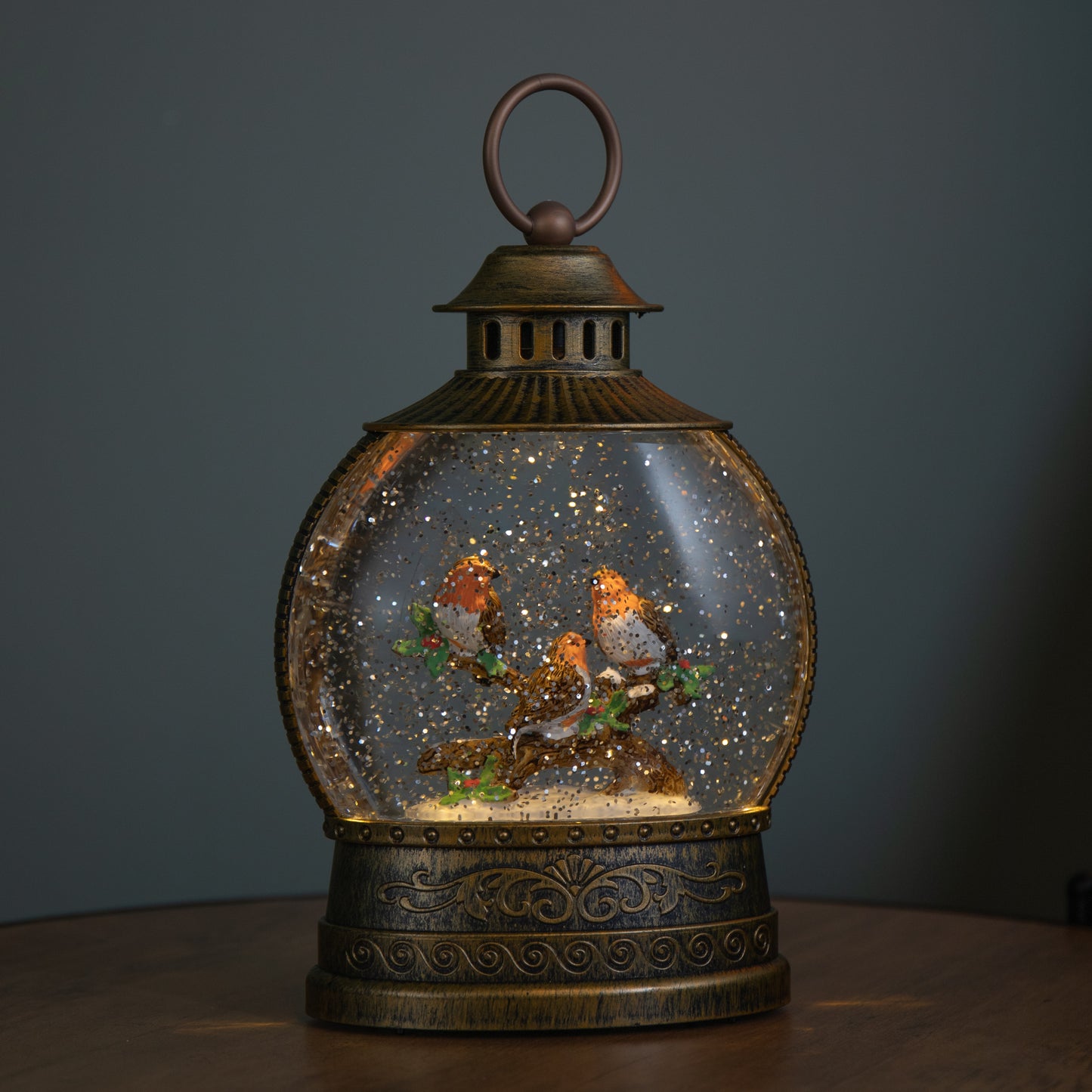 22cm Dual Powered Light up Antique Gold Christmas Robin Water Spinner with LEDs