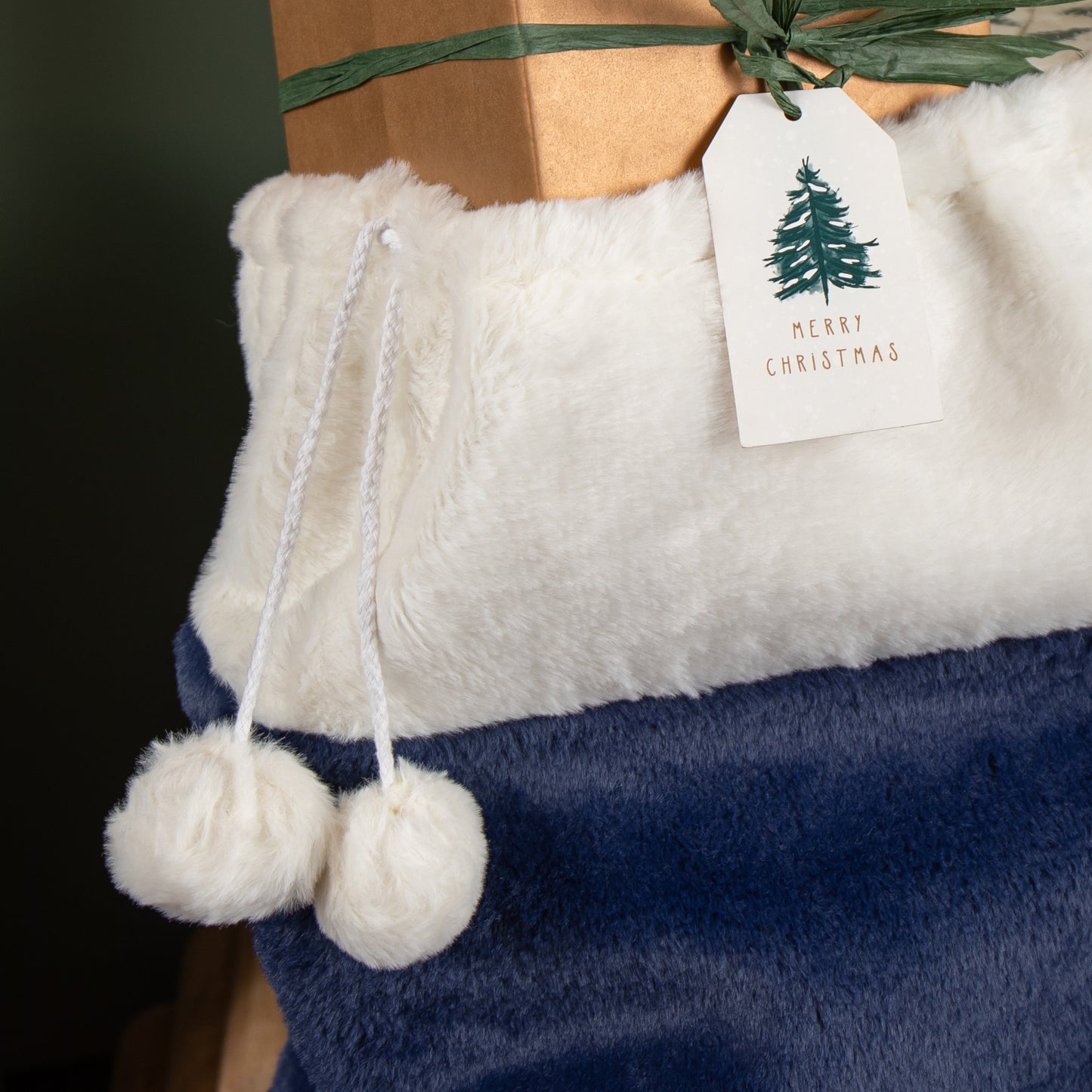 80 x 55cm Blue Soft Plush Christmas Sack with White Faux Fur Trim and Pom Poms
